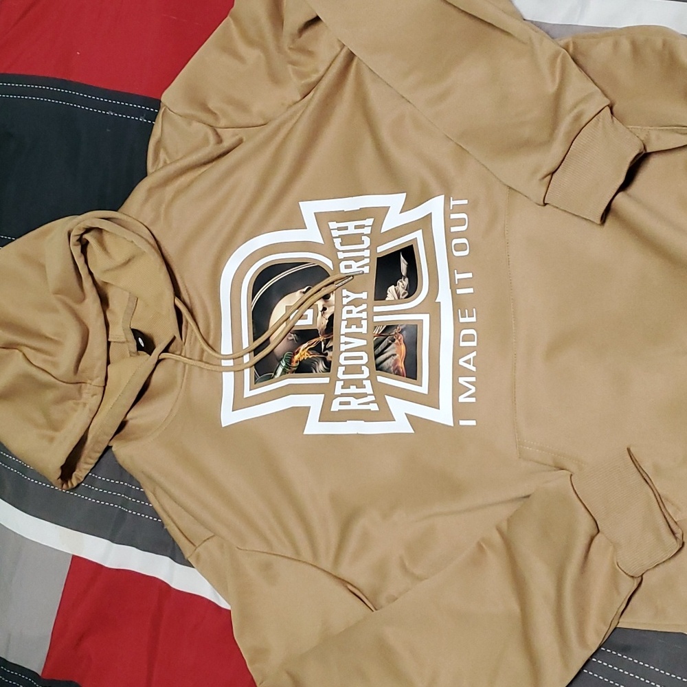 Recovery Rich tan sweat outfit "I MADE IT OUT". Light Joggers and Hoody.
